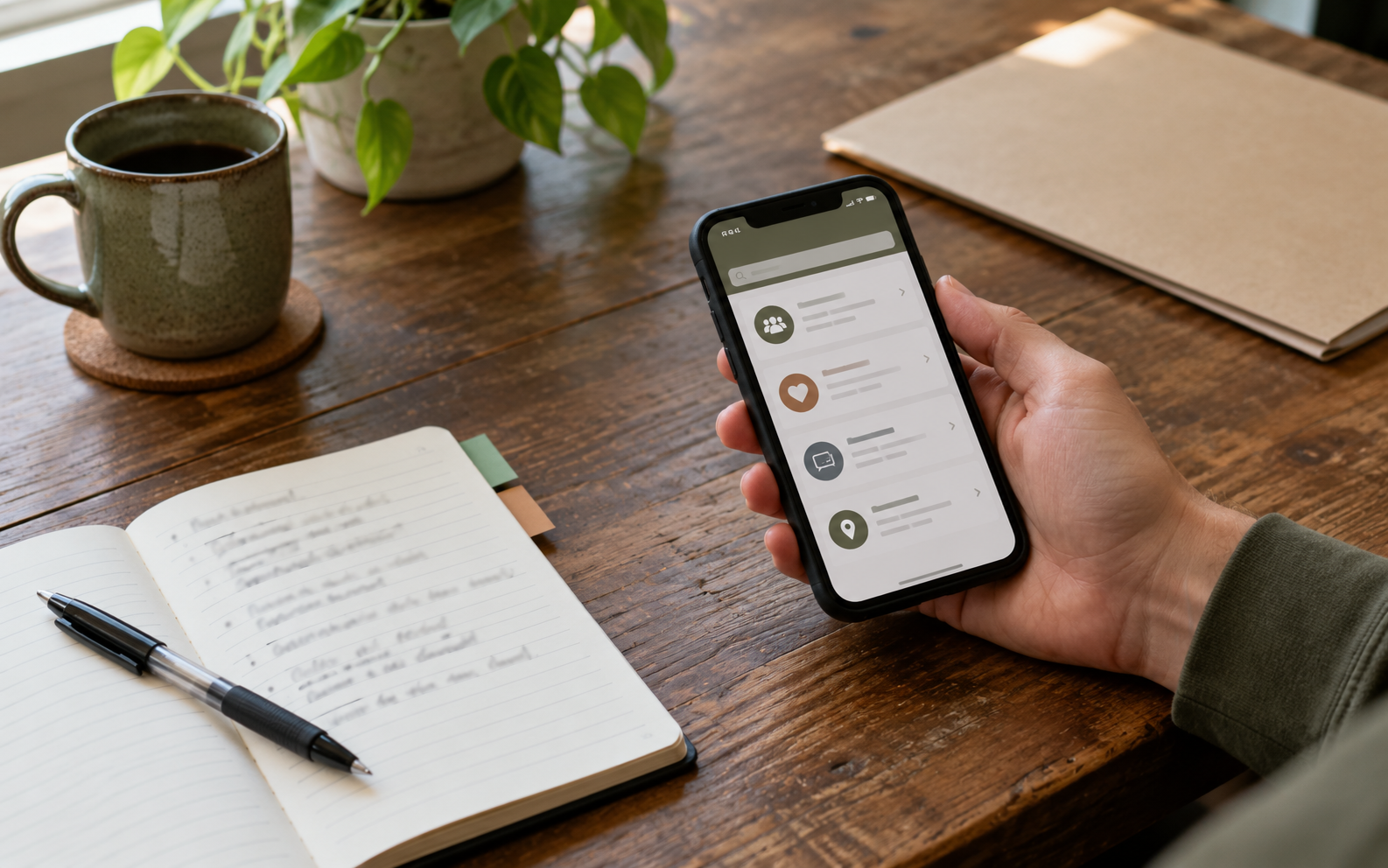 A hand holding a phone showing the resource directory over a wooden desk with a notebook and coffee