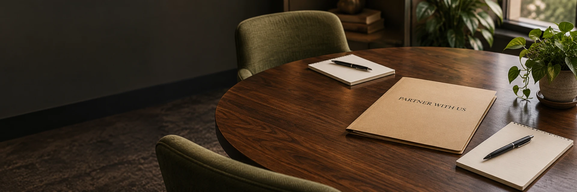 Kraft folder labeled Partner With Us on a round wooden table with notepads and pens
