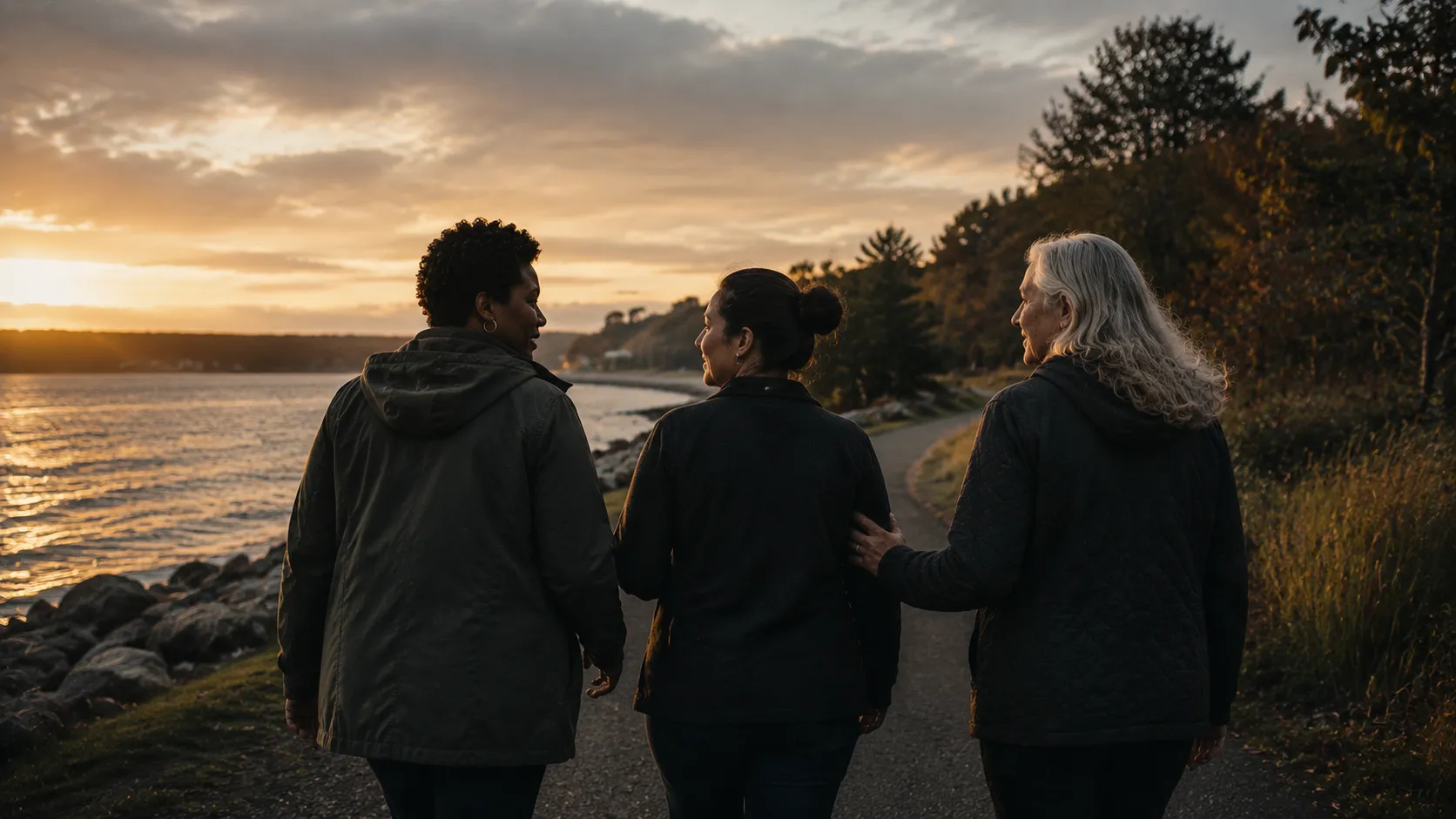 Three women walking a shoreline path at sunset