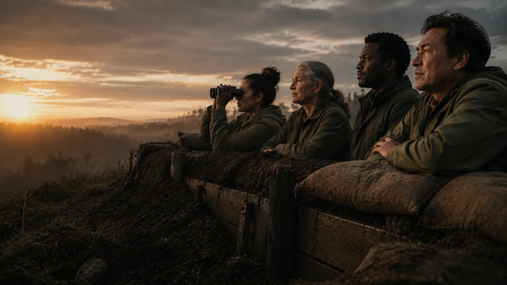 Four veterans and service members stand watch together at a sandbagged foxhole, silhouetted against a golden sunrise