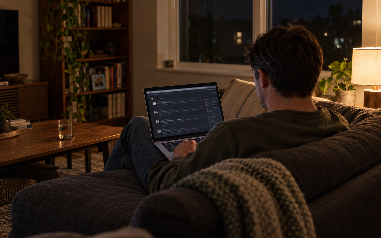 A man reading the forum on a laptop from his couch late at night, lamp lit