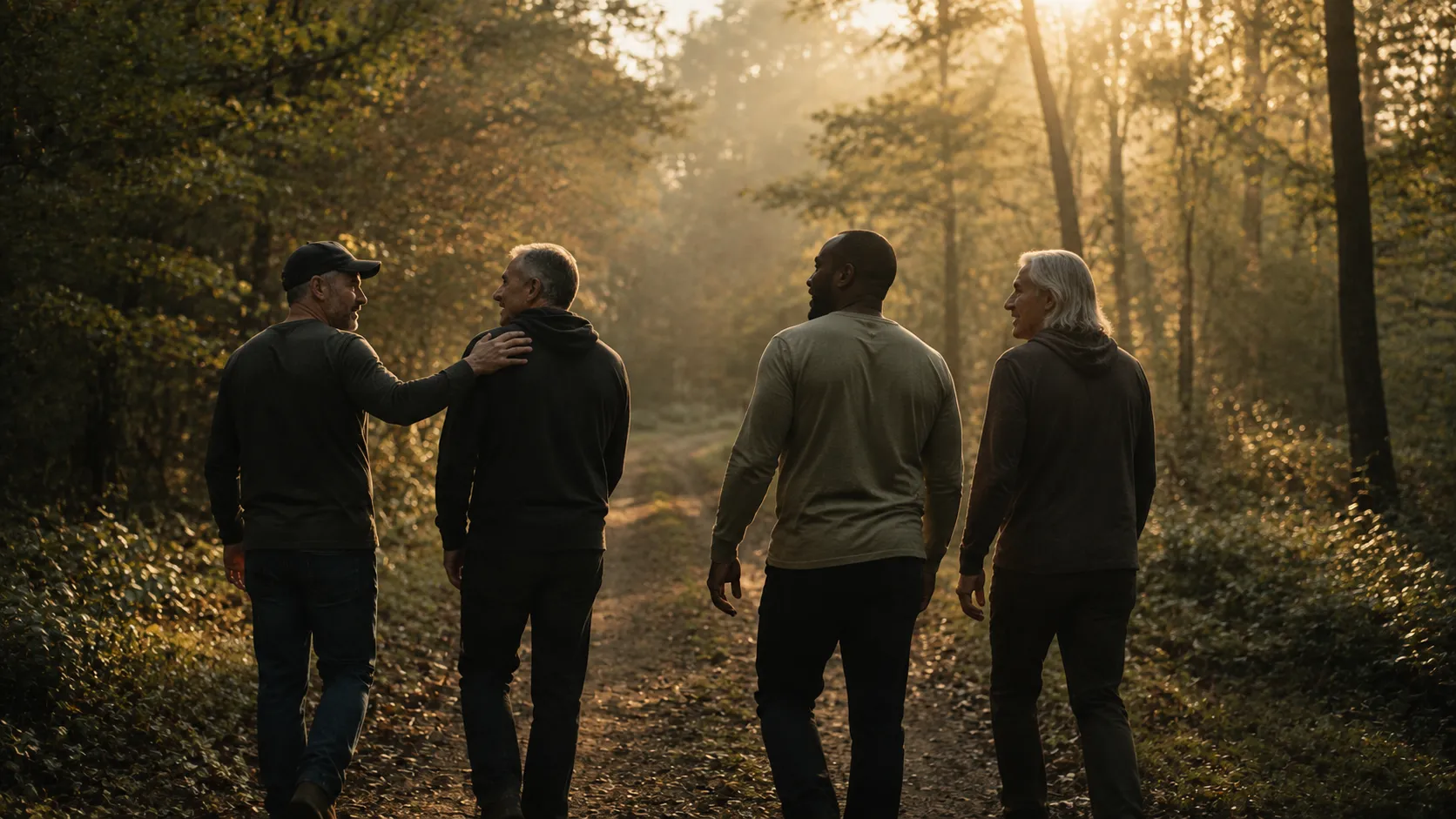 Four veterans walking a wooded trail together