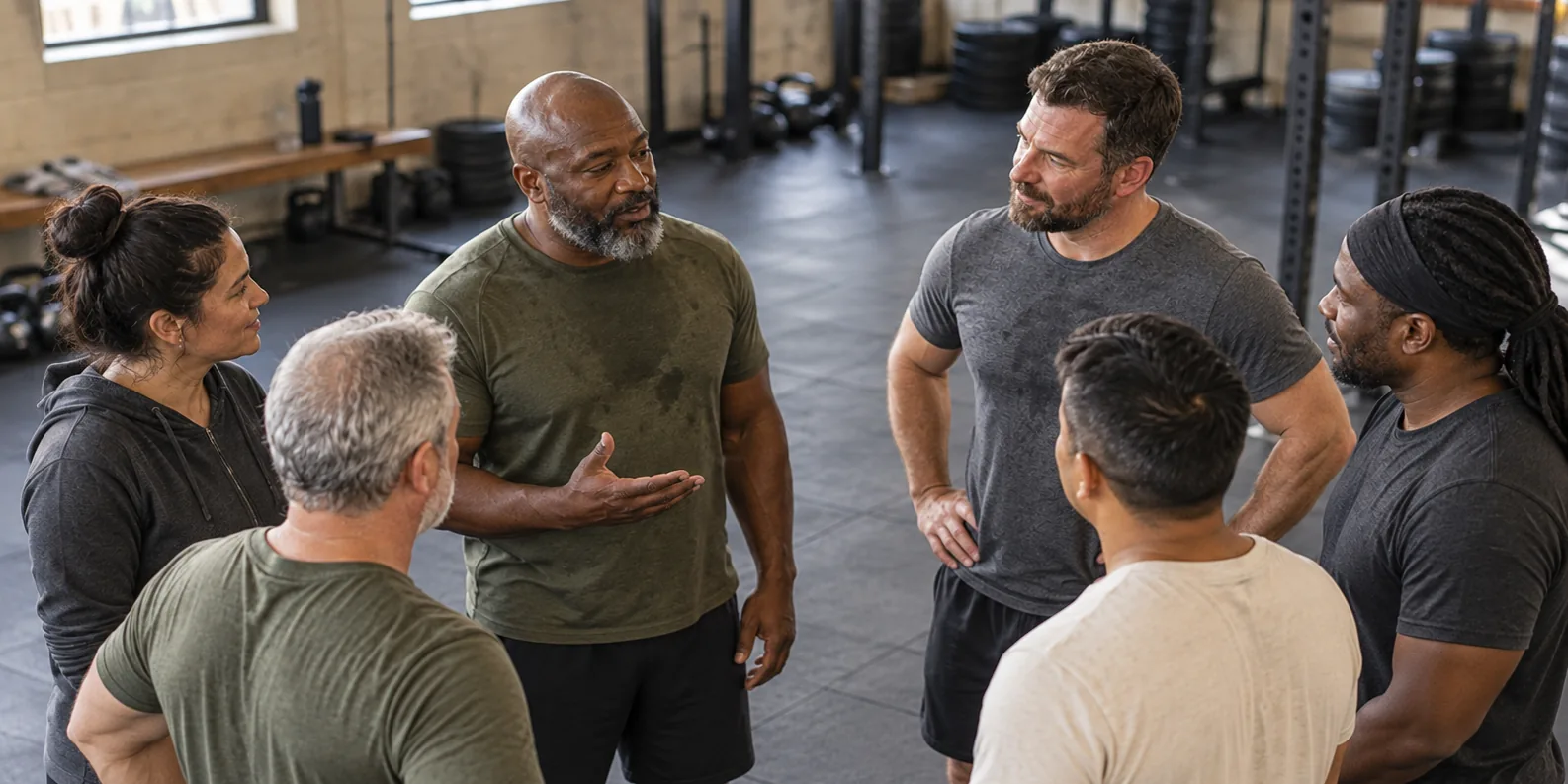 Veterans standing in a circle in a gym, one speaking to the group