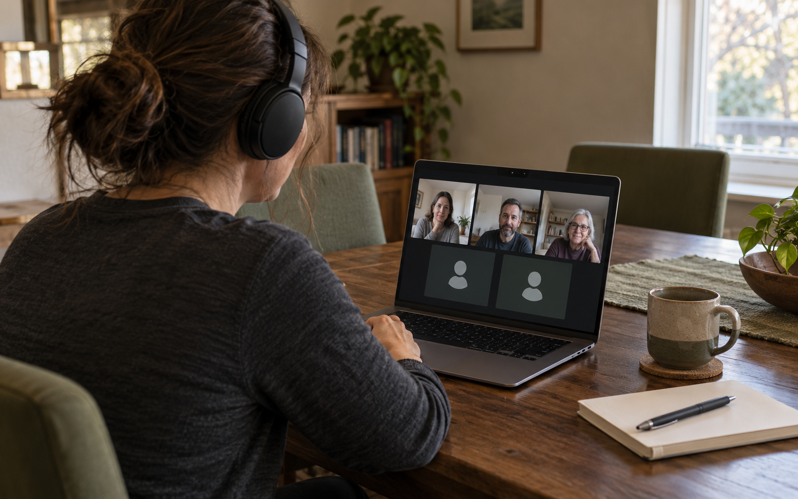 A woman wearing headphones joining a video group session on her laptop at home