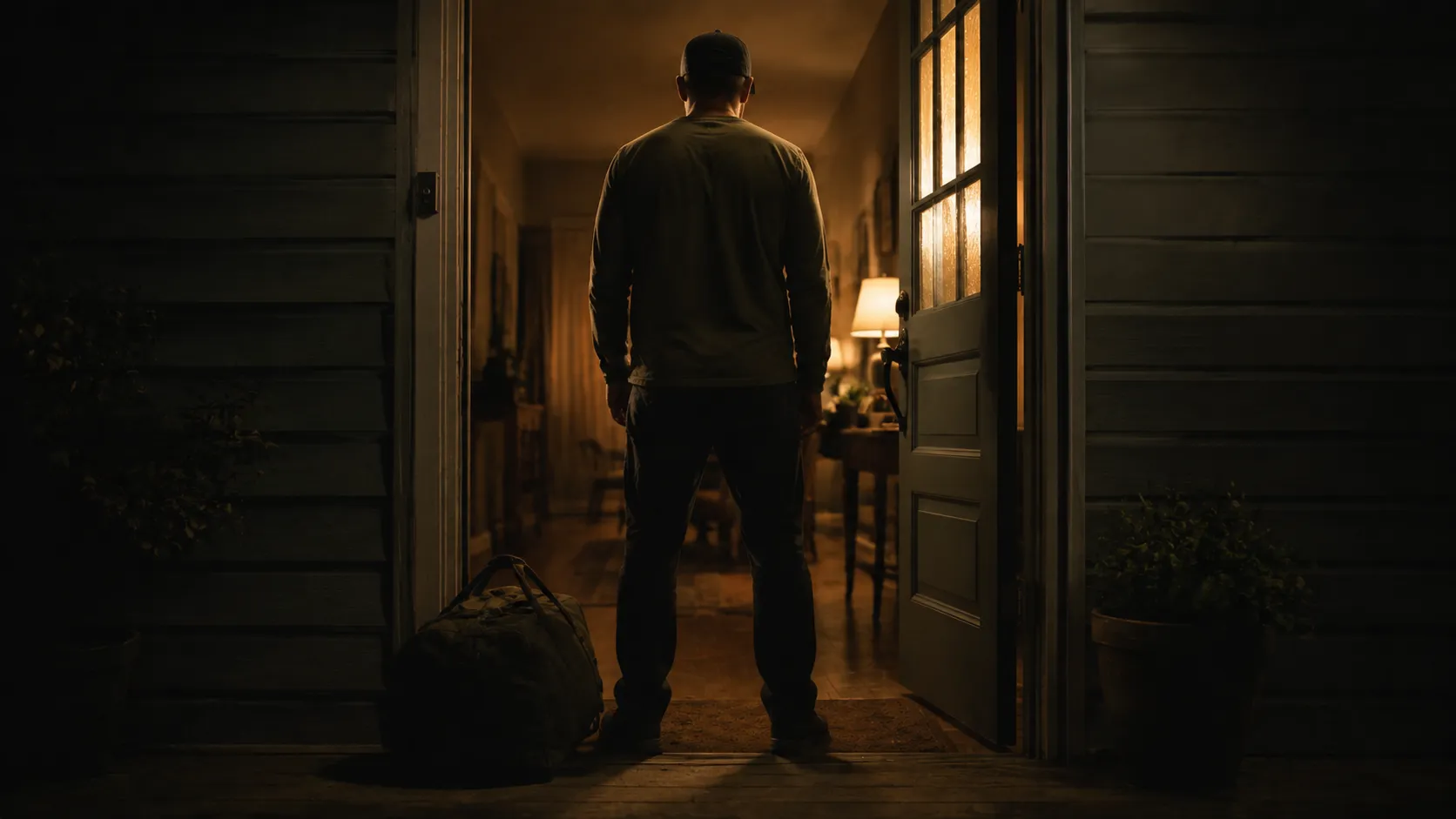 Veteran standing in a doorway with a duffel bag coming home