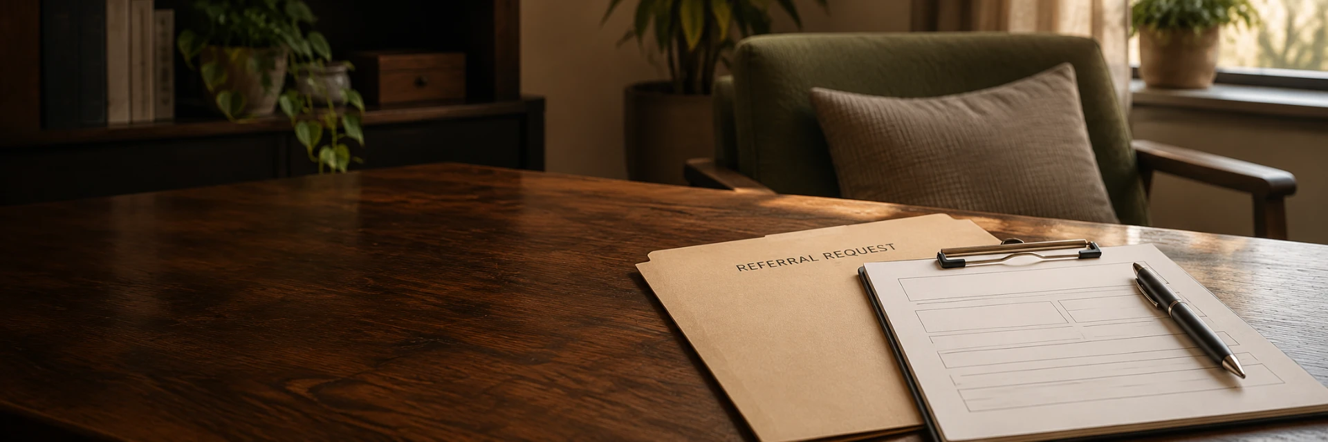 Manila referral request folder and blank intake form on a wooden desk