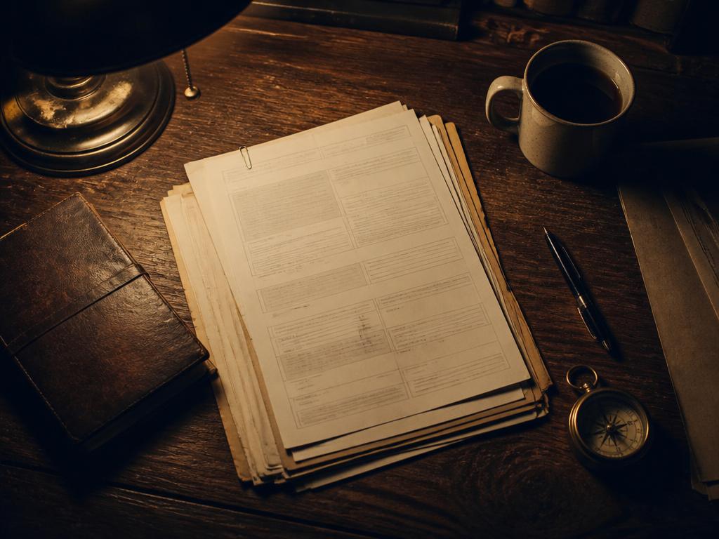 A wooden desk lit by a single lamp with a leather notebook, pen, and brass compass