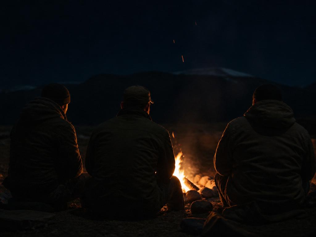 Three veterans sitting around a low campfire in the woods at night, seen from behind