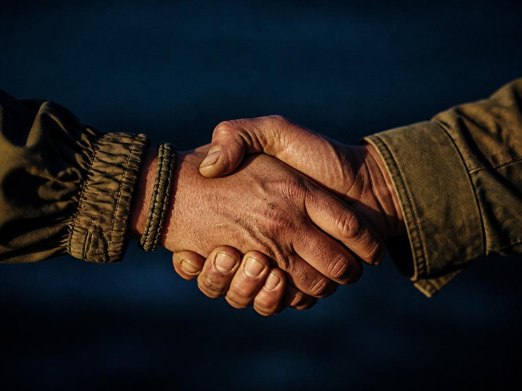 Close-up of two weathered hands joined in a firm handshake at a wooden table