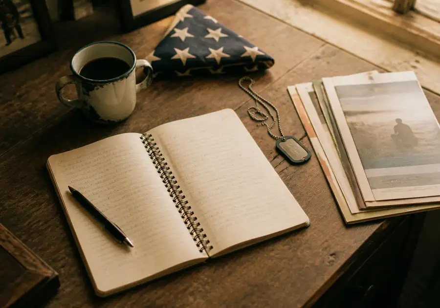 A wooden desk lit by a single lamp with a leather notebook, pen, and brass compass
