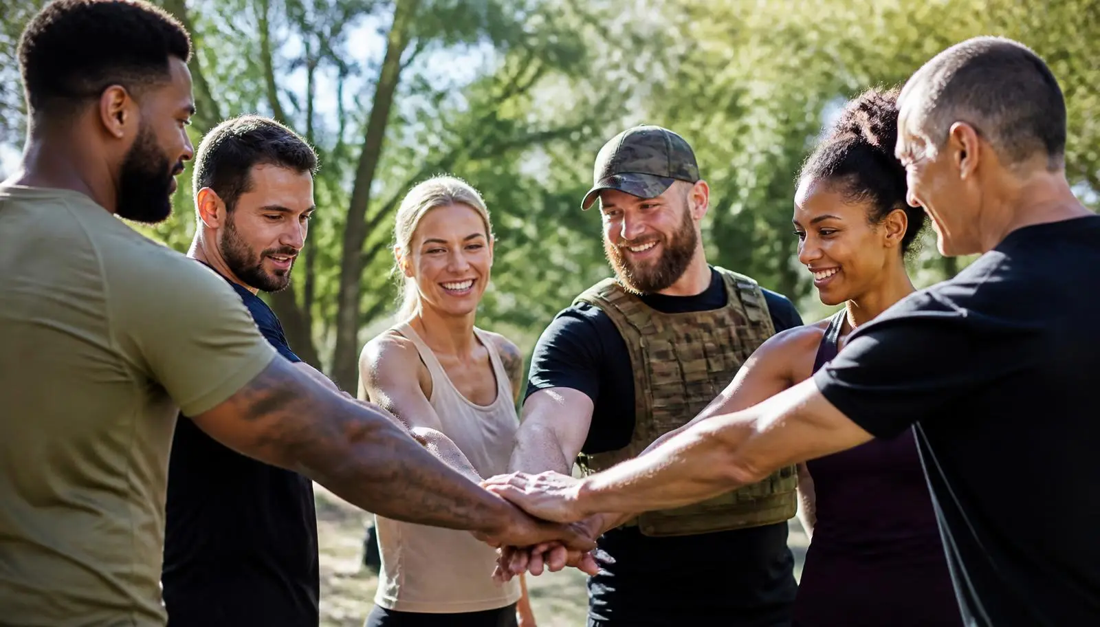 A diverse circle of veterans and athletes joining hands outdoors after a workout